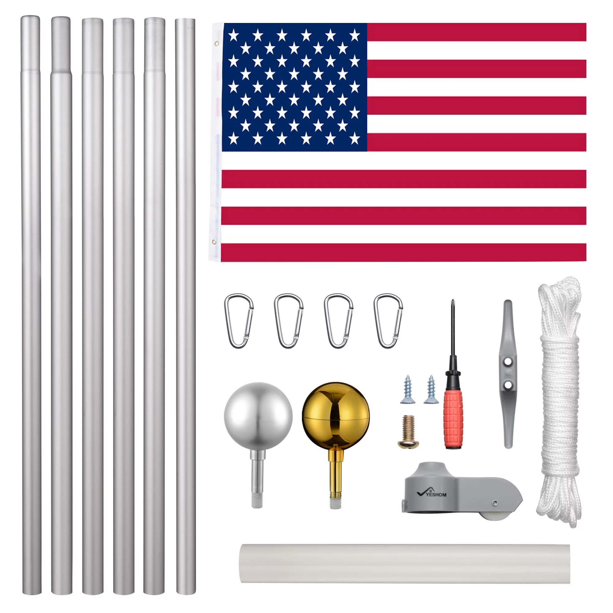 20Ft Aluminum Sectional Flagpole Kit 3'x5' US American Flag Gold Ball Kit Hardware Outdoor Garden Halyard Pole