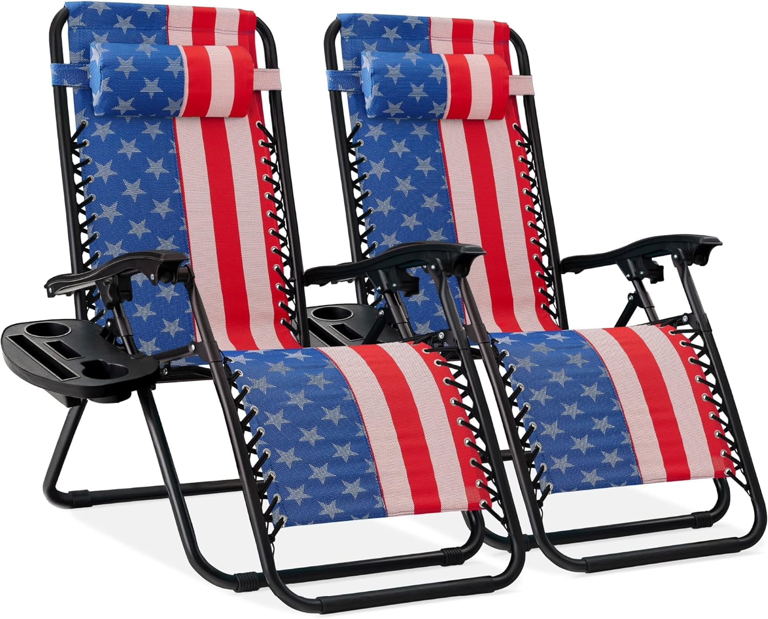 Set of 2 Adjustable Steel Mesh Zero Gravity Lounge Chair Recliners w/Pillows and Cup Holder Trays - American Flag