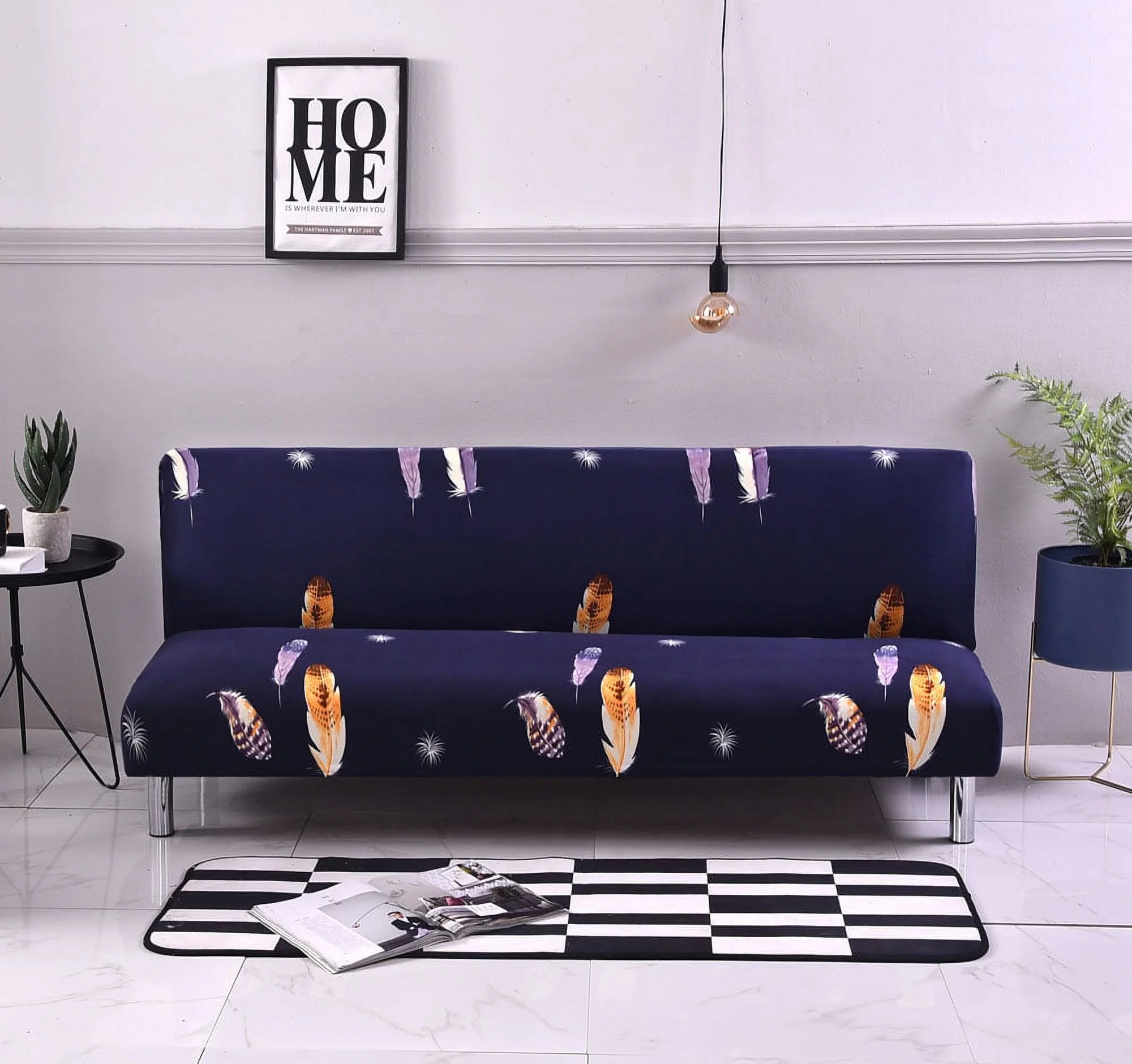 Topchances Armless Sofa cover stretch Futon cover Folding sofa bed cover couch bed cover Armless futon slipcover  (Dark Blue-feather   )