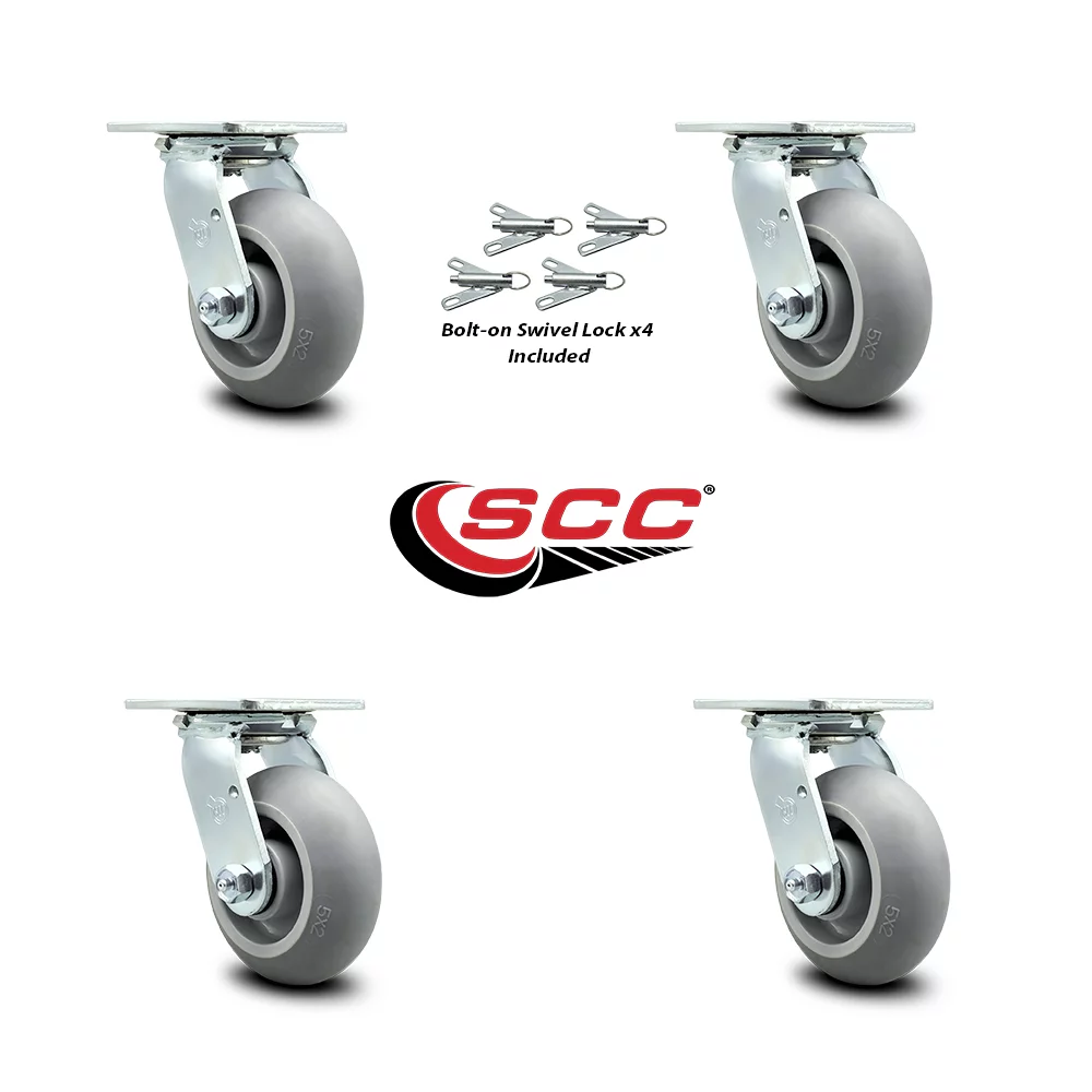 Heavy Duty Swivel Caster Set of 4 with 5 Inch Thermoplastic Rubber Donut Tread Wheels and Ball Bearings - Includes 4 Swivel with Bolt on Swivel Locks - 1,400 lbs. Total Capacity - Service Caster Brand