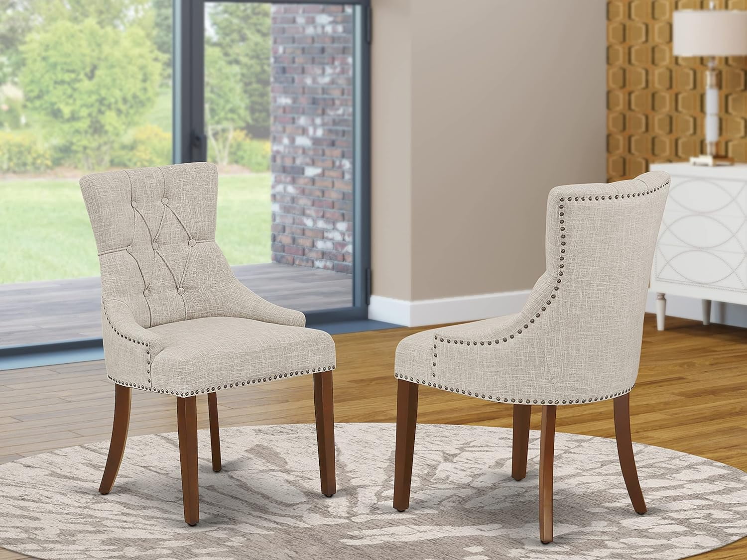 FRP3T05 Friona Parson Dining Chairs - Button Tufted Nailhead Trim Doeskin Linen Fabric Upholstered Chairs, Set Of 2, Mahogany