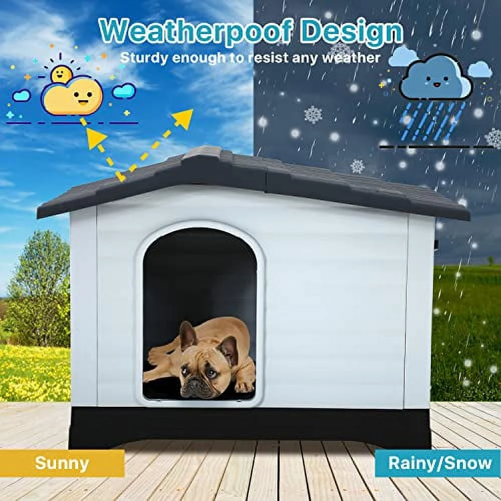 Dog Houses for Medium, Small Dogs, Plastic Indoor Outdoor Dog House with Air Vents and Elevated Floor, Upgraded Waterproof Ventilate Large Pet Kennel Shelter