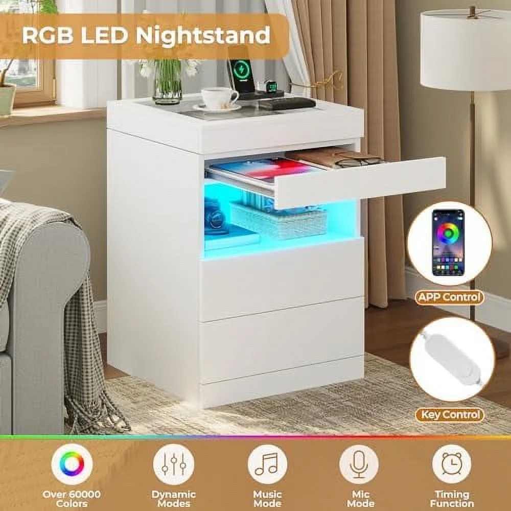 JYHOME LED Nightstand with Charging Station & Sliding Top  Black Night Stand with Glass Top & Jewelry Tray  Bedside Table with Drawers & Pull-Out Tray  Modern  End Table with