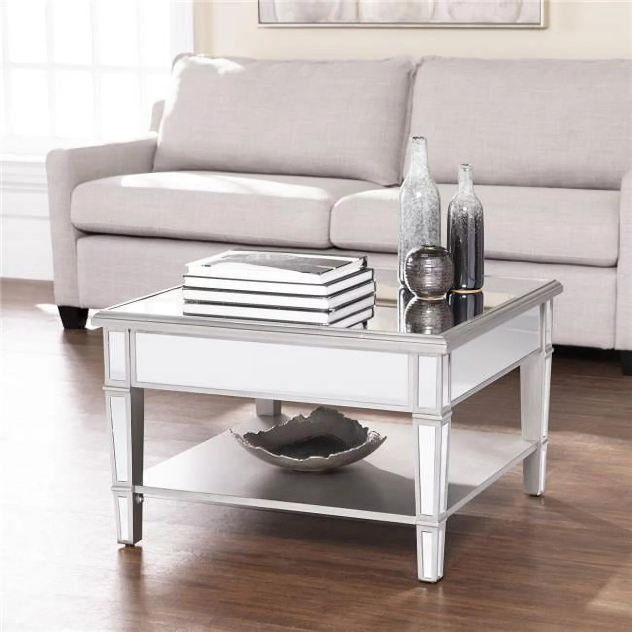 29 in. Mirrored Glass Square Coffee Table, Silver
