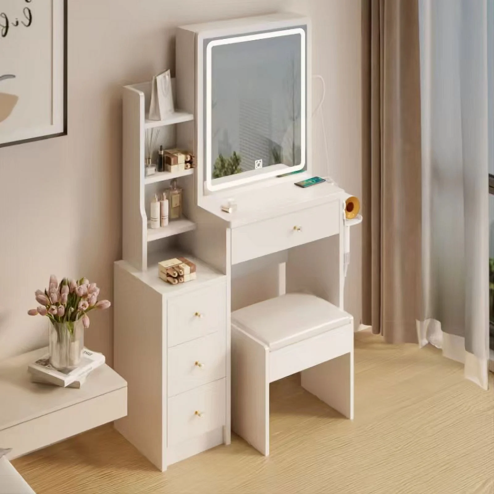 Pouseayar Vanity Desk Set, Makeup Table with Large Sliding Lighted Mirror & 4 Drawers, Hidden Storage Shelves & Cushioned Stool for Bedroom, White