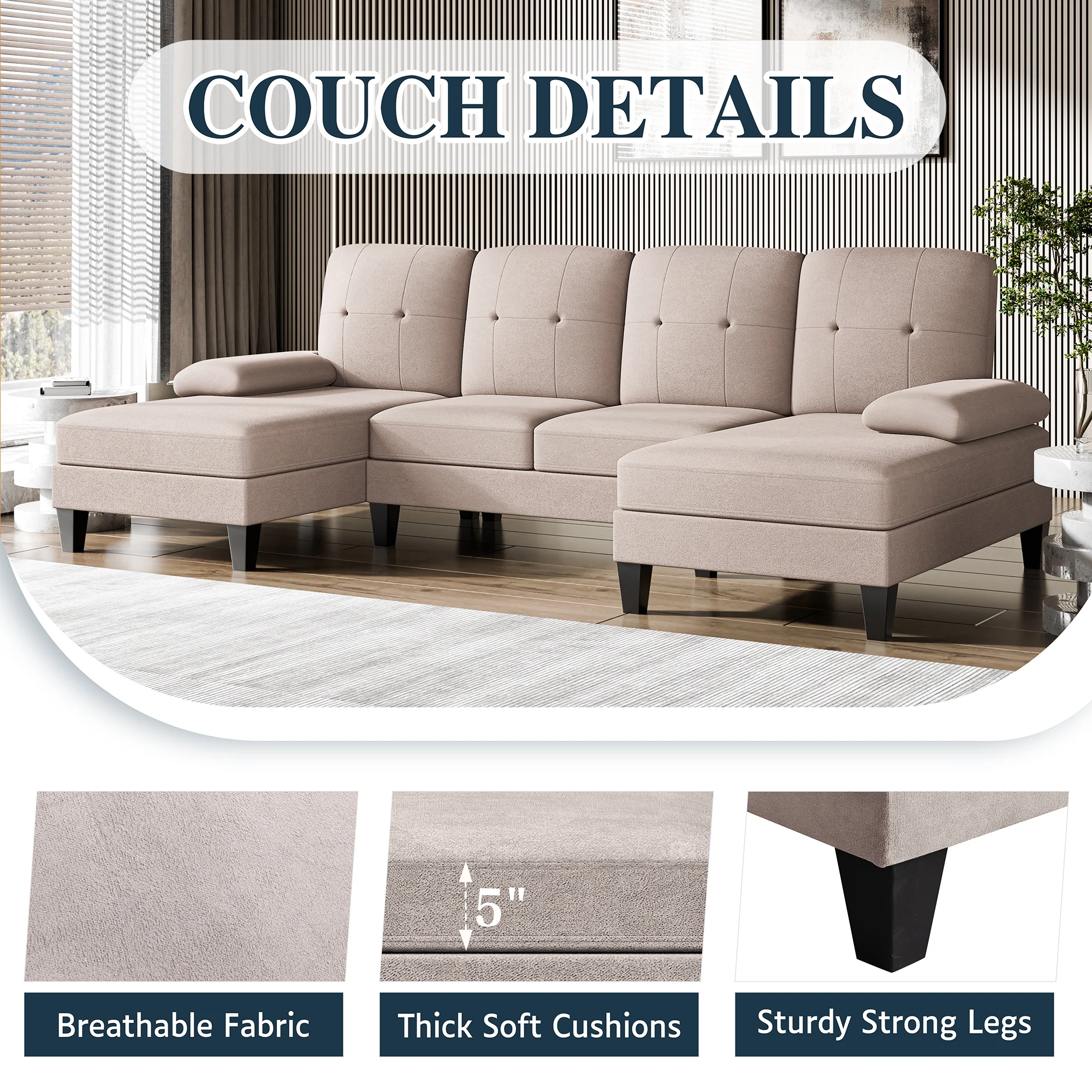 Walsunny Convertible Sectional Sofa Couch,4 Seat Sofa Set U-Shaped Couch with Double Wide Chaise Lounge, 106in Modern Fabric Large Couch