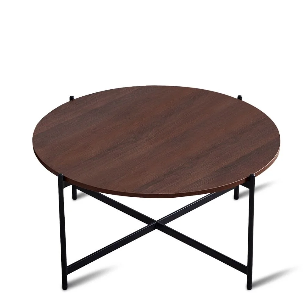 Modern Round coffee table,metal frame with walnut top-36 in. Brown and Black