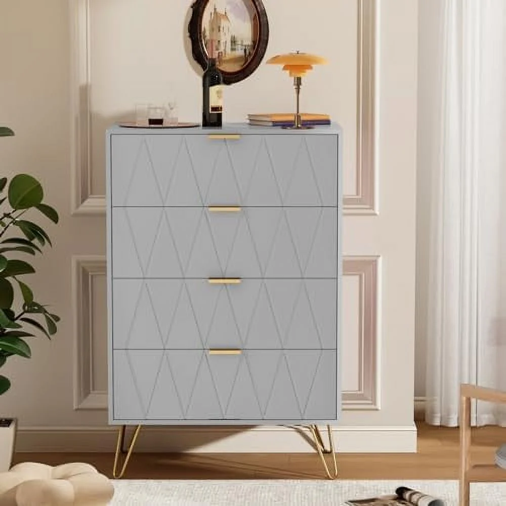 GVJMTKP New 4 Drawer Dresser Chest of Drawers Wooden Dresser with 4 Metal Legs Tall Dresser with Anti-Tipping Device Dresser Set for Bedroom Living Room Closet(Grey)