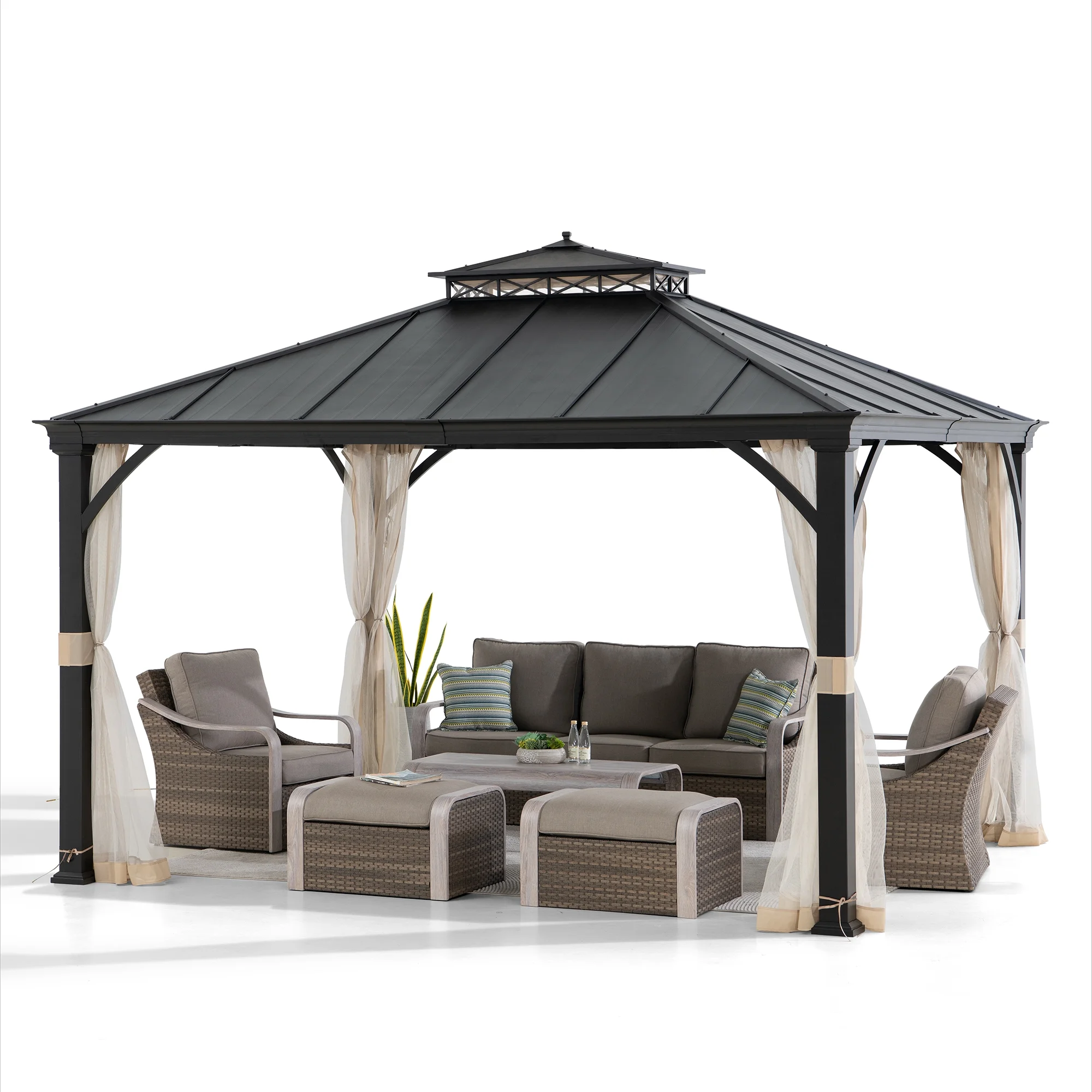 Sunjoy Outdoor Patio 11x13 Black 2-Tier Backyard Hardtop Gazebo with Metal Ceiling Hook and Netting