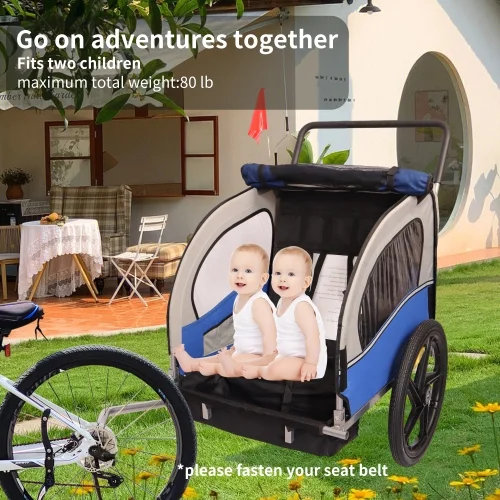 ACETEK 2-in-1 Double 2 Seat Bicycle Bike Trailer Jogger Stroller for Kids Children Foldable Collapsible w/Pivot Front Wheel