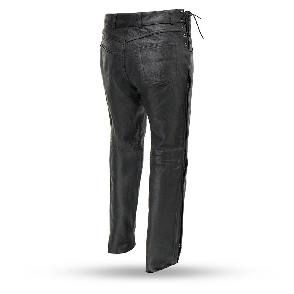 First Mfg Co - Baron - Men's Motorcycle Biker Riding Black Leather Pants - Size 34 - Side Lacing Detail Zipper Down The Legs
