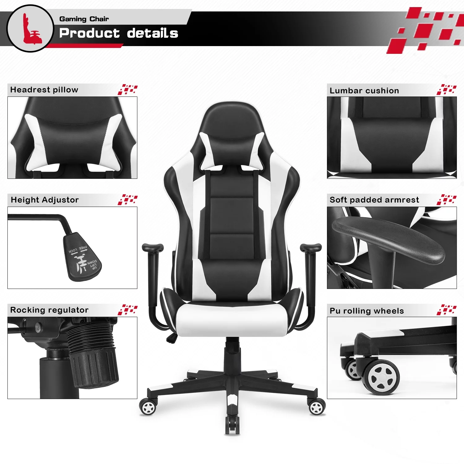 Lacoo Gaming Chair High Back Ergonomic Swivel PU Leather Racing Chair with Headrest, White