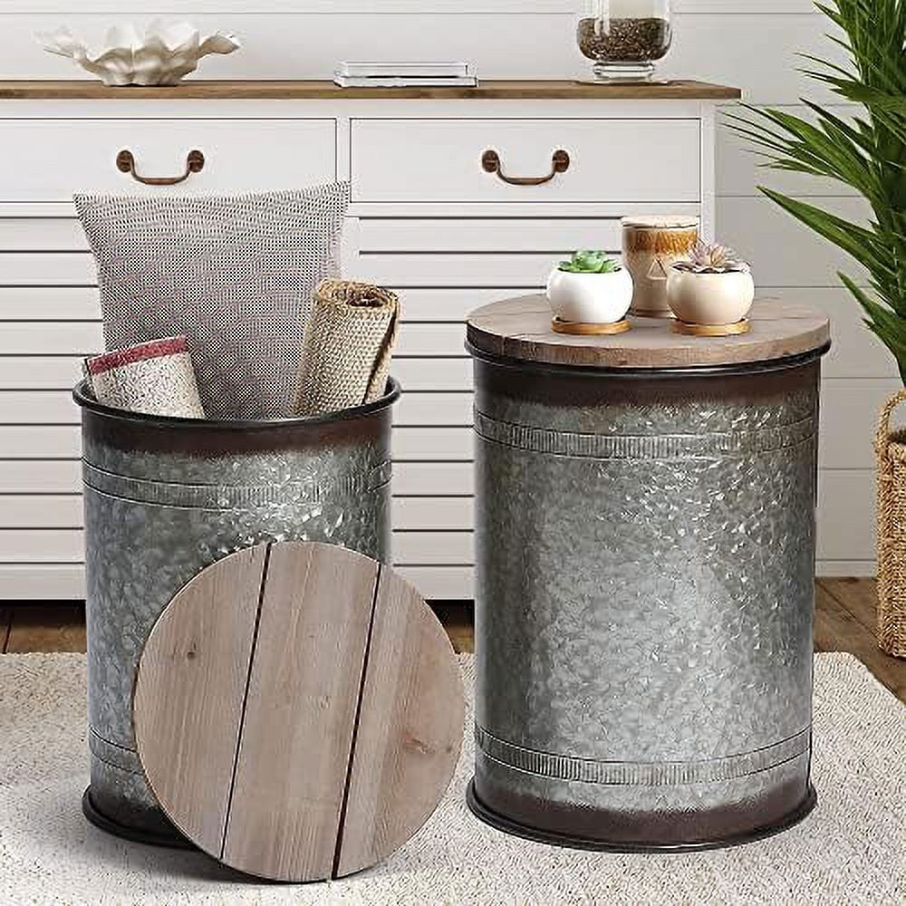 CHBGFV Rustic  Ottoman Seat Stool  Farmhouse    Antique Galvanized Metal End  Box Bin with Square Wooden Lid （Square&Galvanized）
