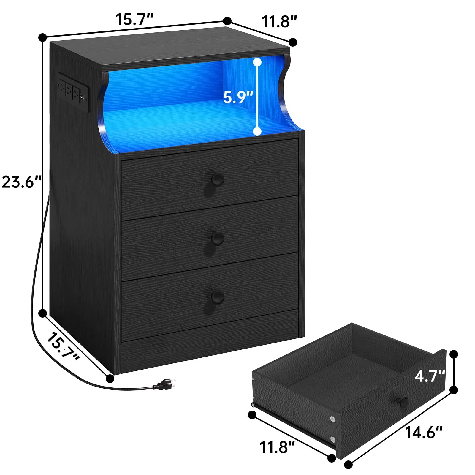 ADORNEVE Nightstand with LED Light, End Side Table with Charging Station, Bedside Table with 3 Drawers and Open Storage, Black