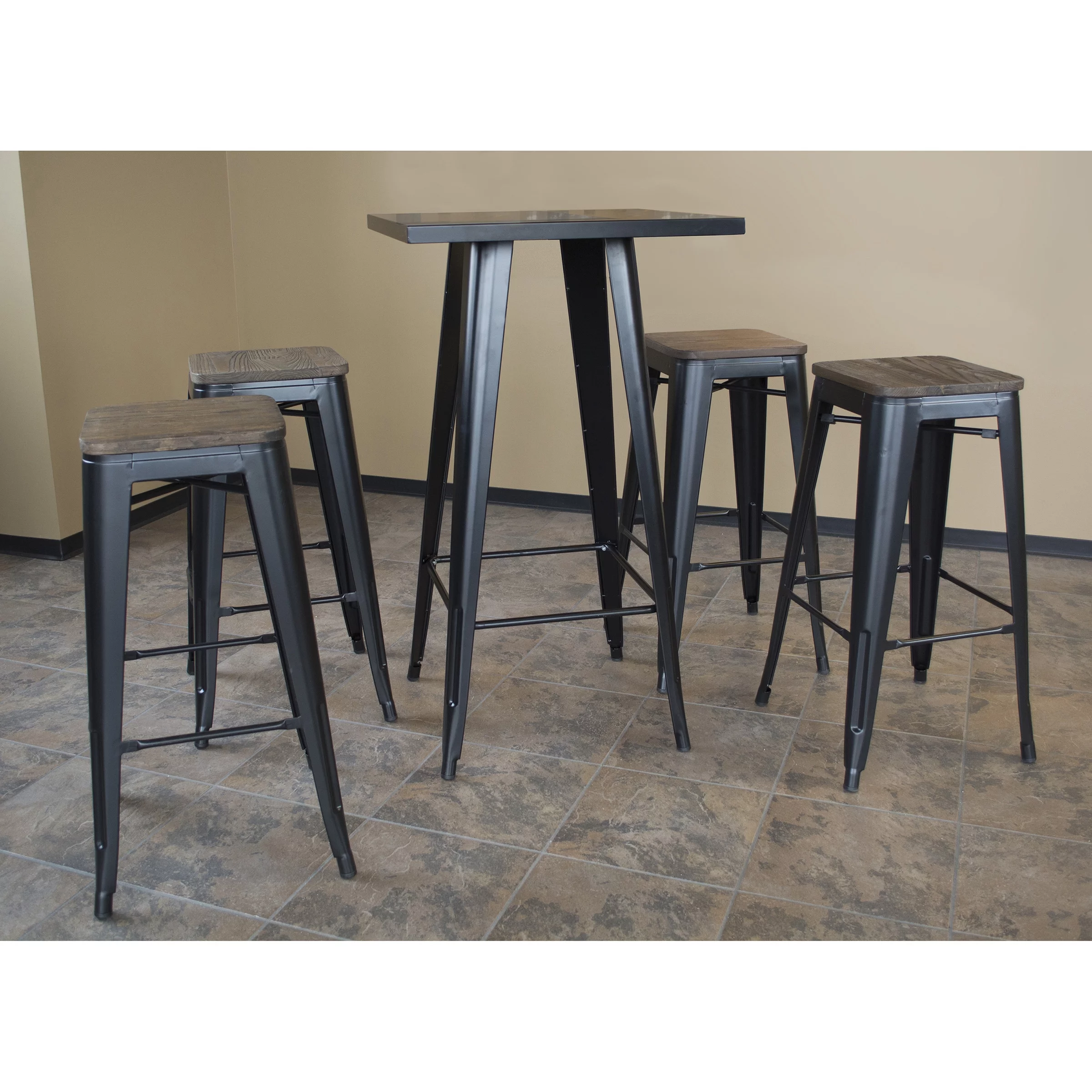 AmeriHome Black Metal Top Pub Height Table Seating 4 Dark Elm Wood Top Backless Black Bar Stools