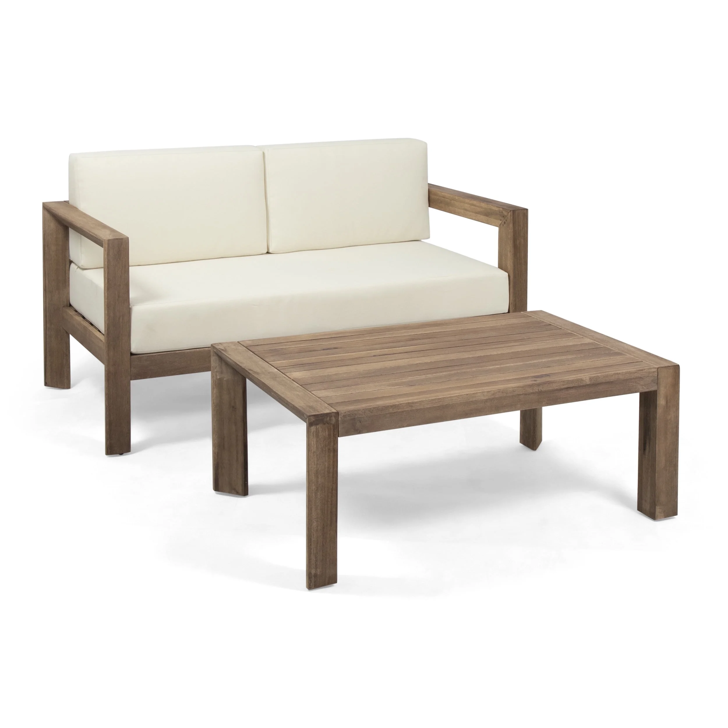 GDF Studio Lucia Outdoor Acacia Wood Loveseat and Coffee Table Set with Cushions, Beige and Brown