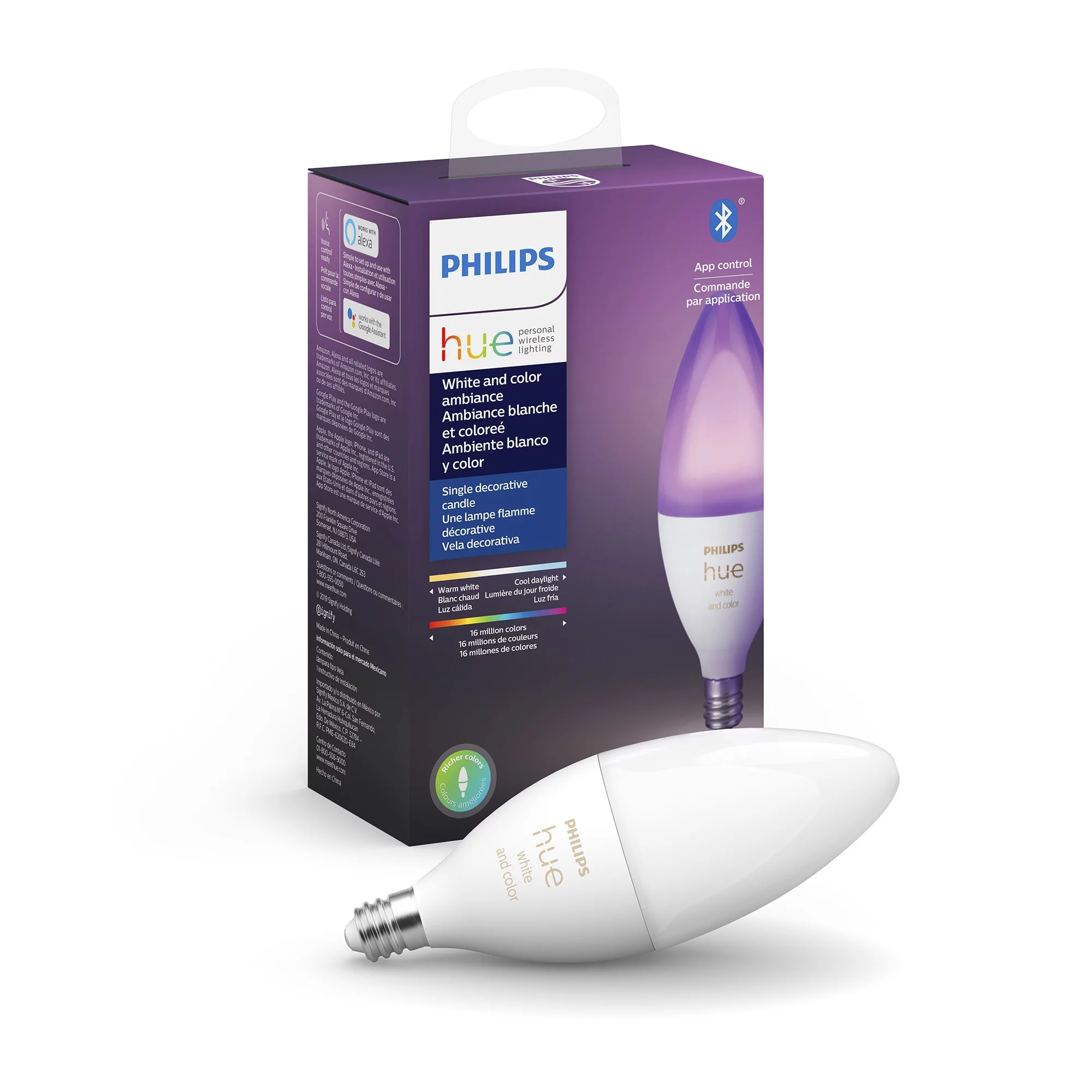 Philips Hue LED 40-Watt E12 Candelabra Smart Wi-Fi Connected Light Bulb, Color and White Ambiance, Dimmable, 1-Pack