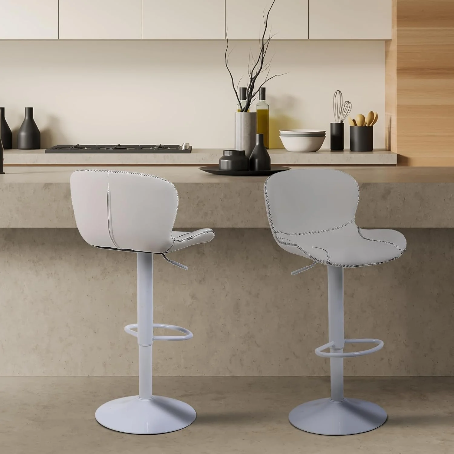 YILAN Bar Stools Set of 2, PU Leather Counter Height Barstools with Back, Height Adjustable Swivel Bar Chairs, Modern Armless Kitchen Island Stool, White