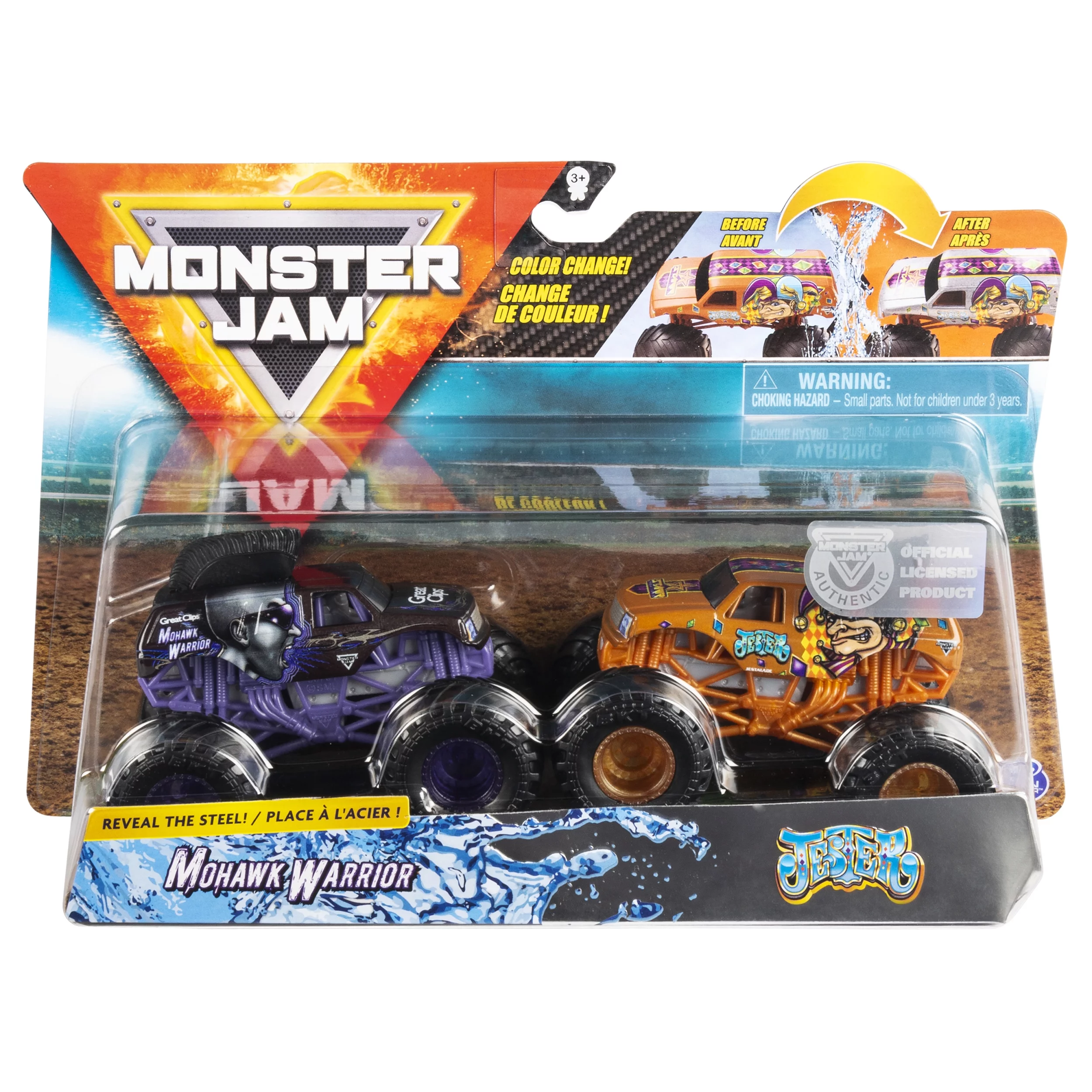 Monster Jam, Official Mohawk Warrior vs. Jester Color-Changing Die-Cast Monster Trucks, 1:64 Scale