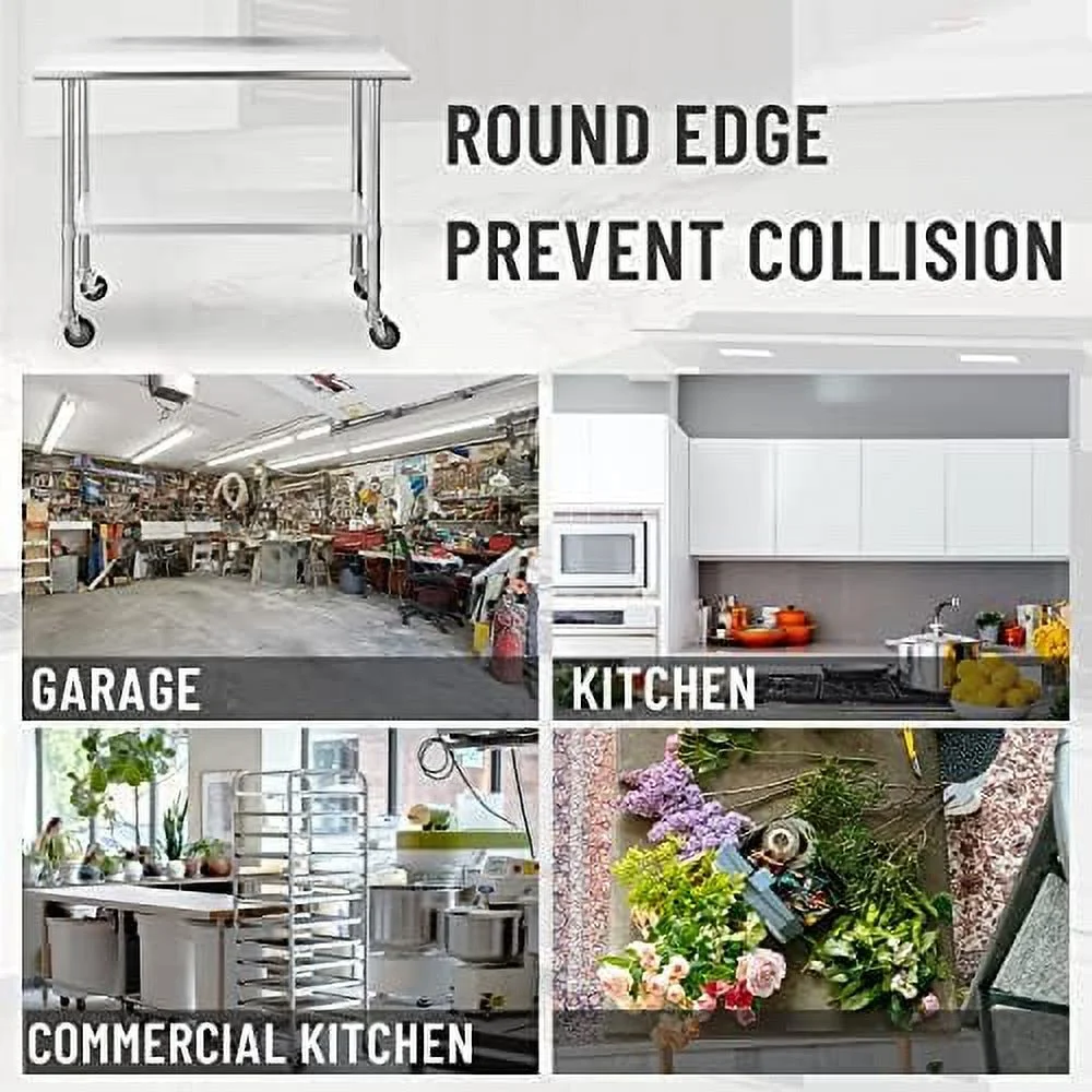 YPDCHB Stainless Steel Table with Wheels Stainless Steel Work Table for Garage  NSF Kitchen Stainless Steel Prep Tables with Backsplash for Commercial Kitchen  Workshop  Hotel  Laundry