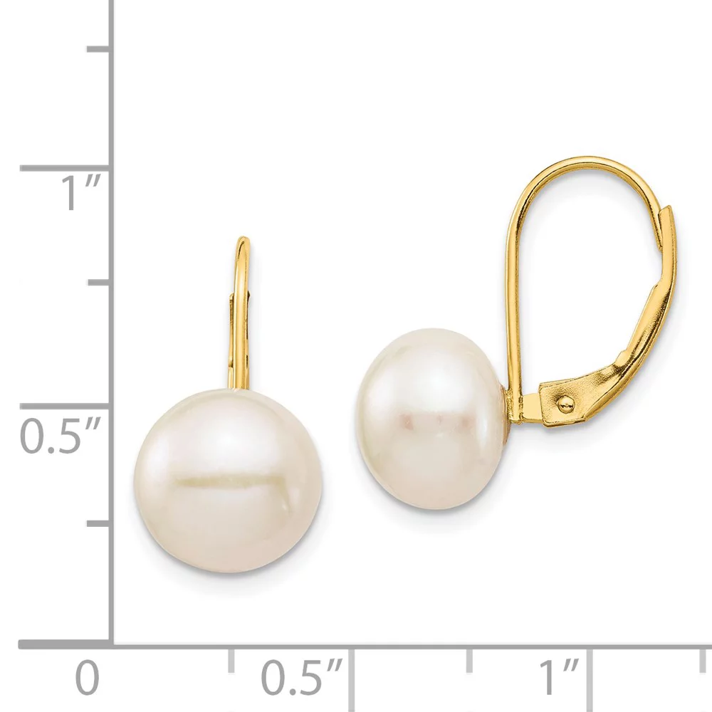 14K 9-10mm White Button Freshwater Cultured Pearl Leverback Earrings QXF716E