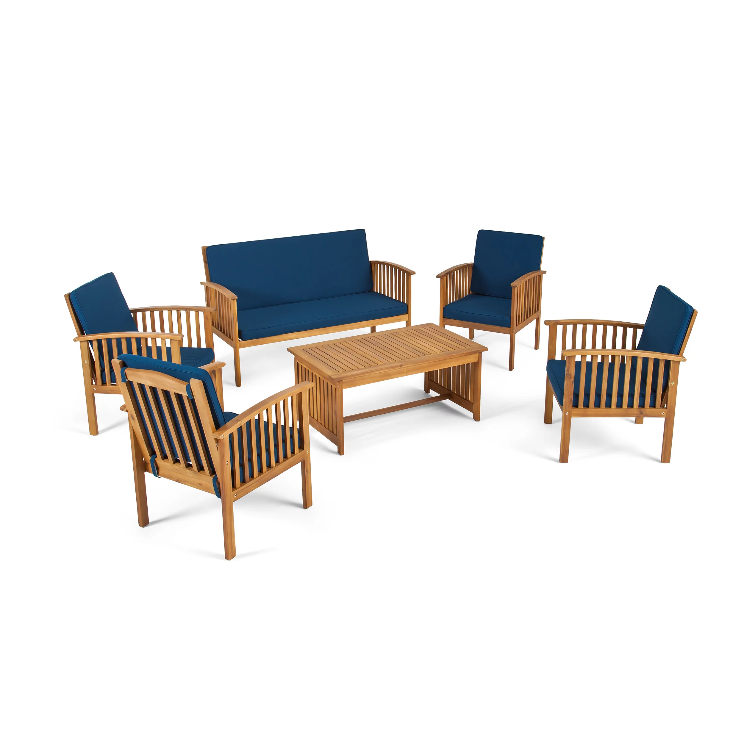 GDF Studio Navan Outdoor Acacia Wood 6 Seater Chat Set with Cushions, Brown and Dark Teal