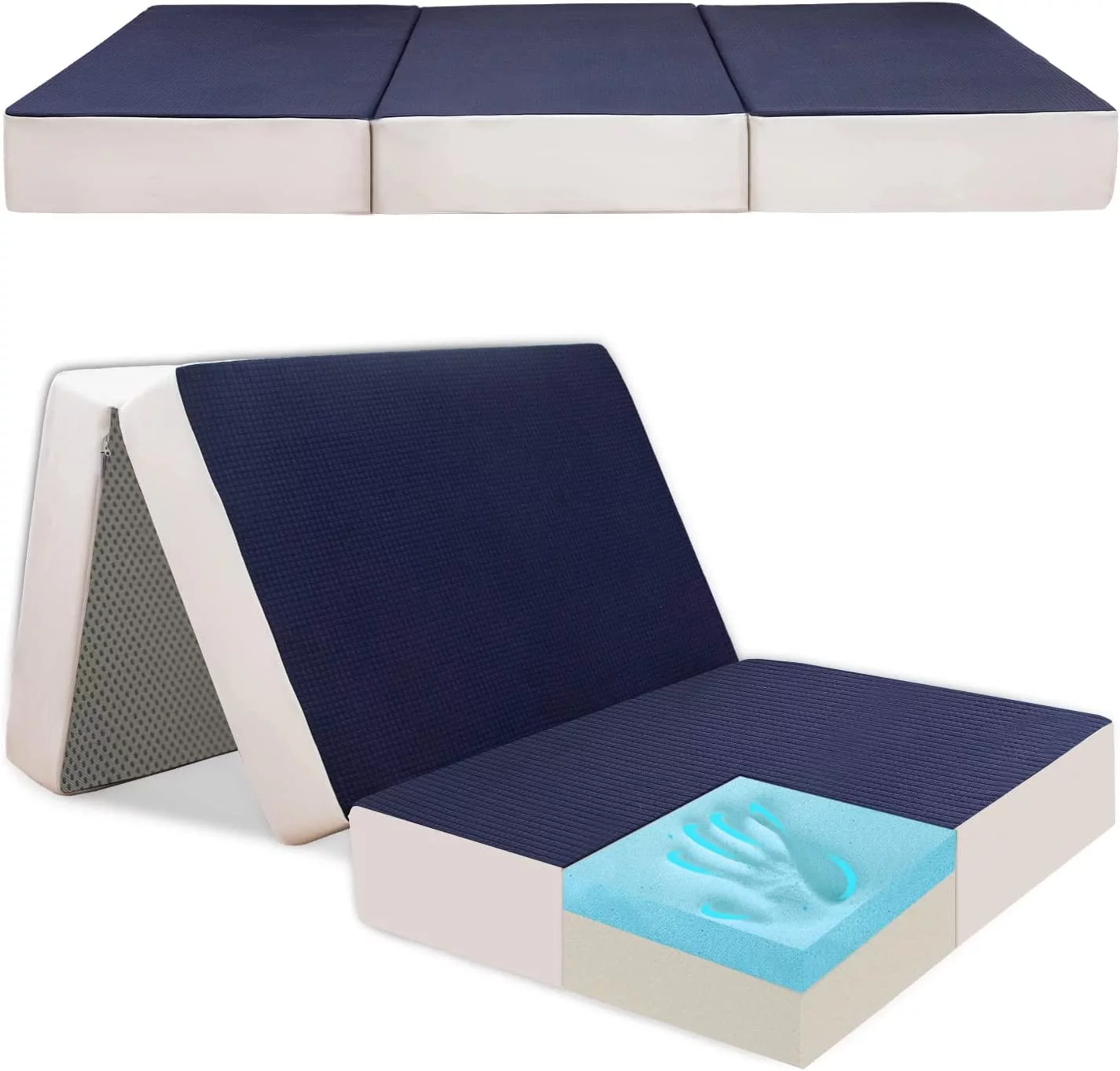 Foldable Mattress  4 Inch Foam Trifold Mattress Camping Mattress  Portable Floor Mattress Folding Bed with Washable Cover Cot Folding Mattress for Travel  Van  Guest  Navy  32x75 Inch