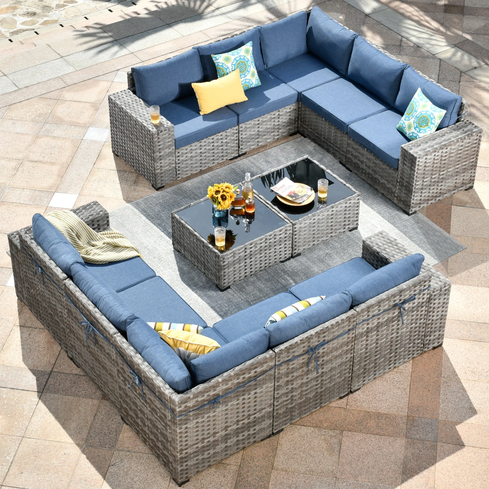 OVIOS  Patio Wicker Furniture Wide Arm 12-piece Set with Table Navy Blue