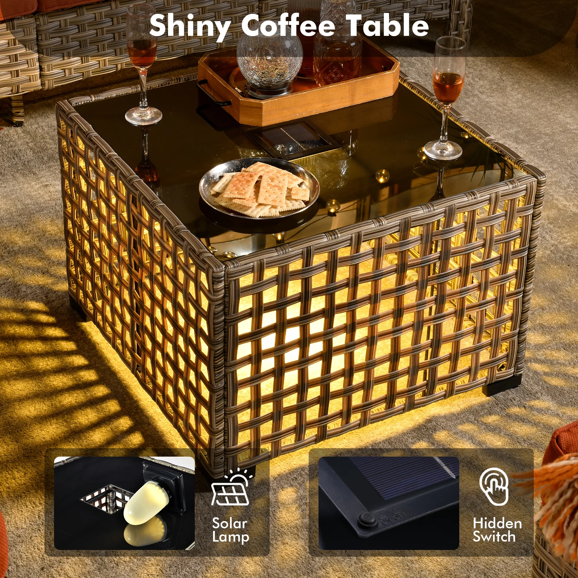 Ovios High-Back Outdoor Patio Furniture Set 6 Pieces Wicker Sectional Sofa Garden Conversation with Solar Lamps Coffee Table for Backyard