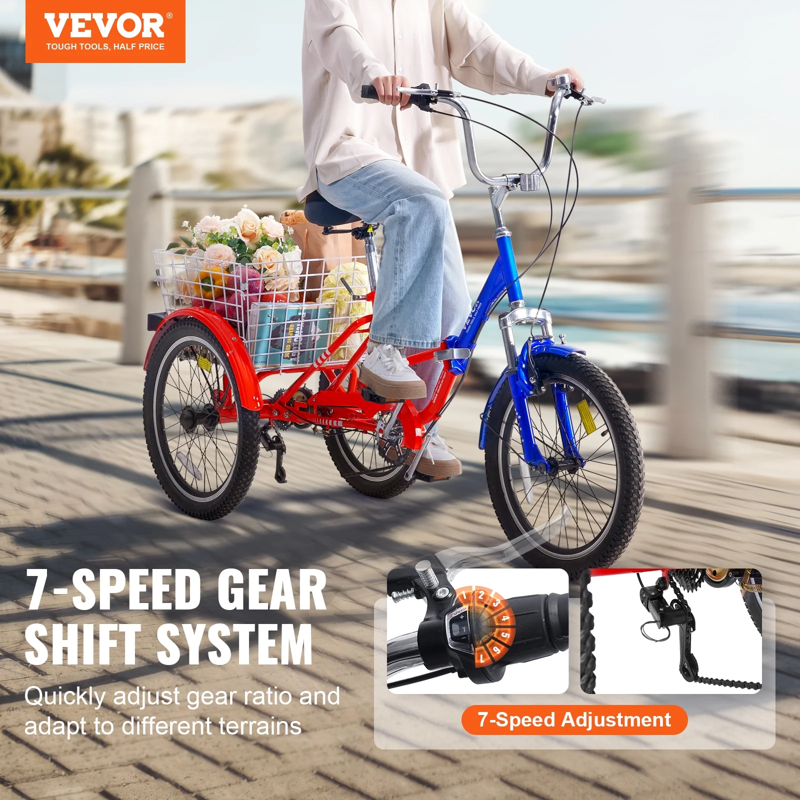 SKYSHALO Adult Folding Tricycle 20“ 7-Speed Adult 3 Wheel Trikes Carbon Steel