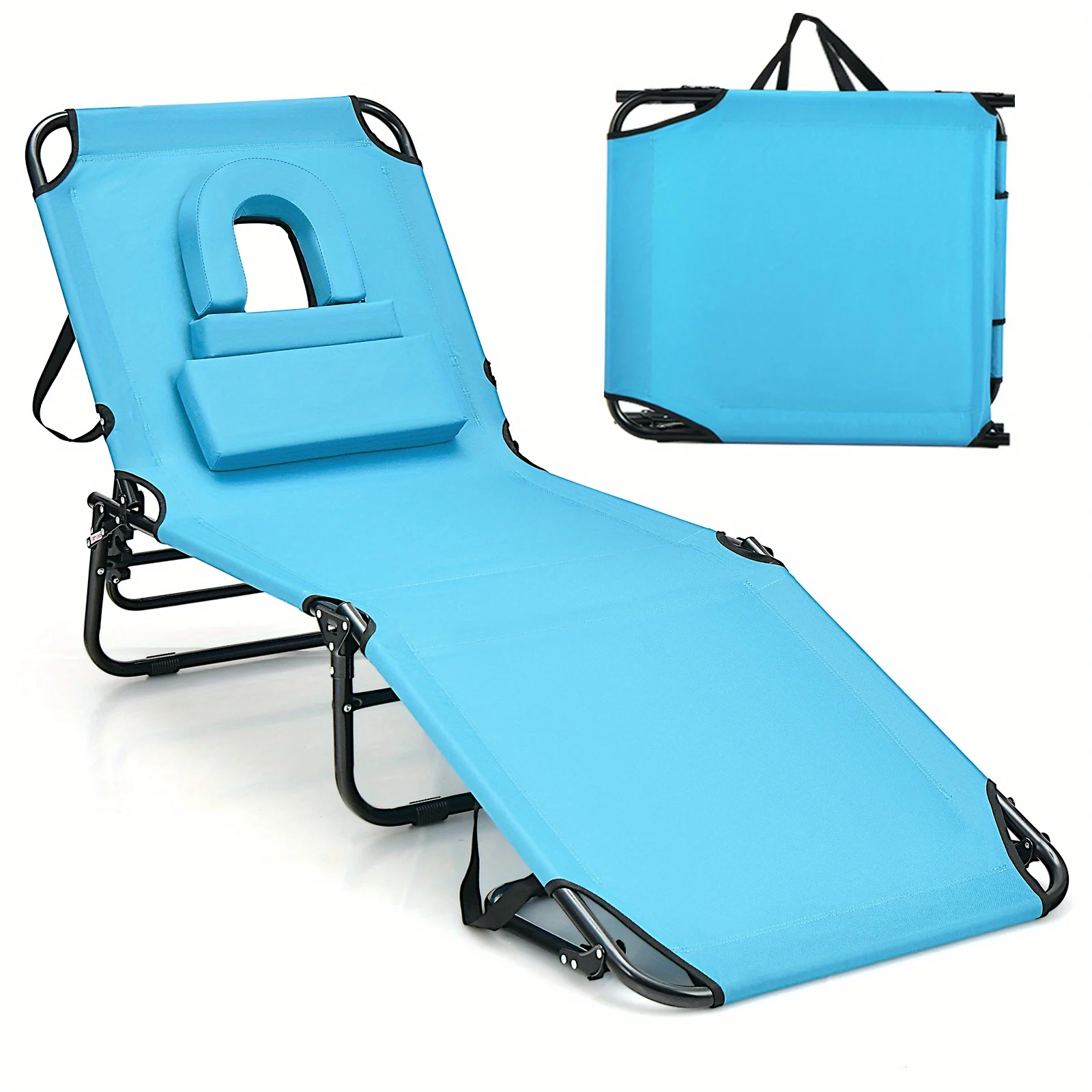 Folding Chaise Lounge Chair, Outdoor Beach Lounge Chair with Face Hole, 5 Adjustable Positions, 3 Removable Pillow, Portable Face Down Tanning Chair for Poolside, Patio, Lawn (1, Turquoise)