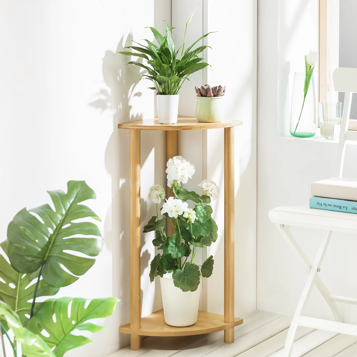 Magshion Bamboo 2 Tiers Modern Plant Stand, Corner Flower Shelf, Display Rack, Natural, for Garden