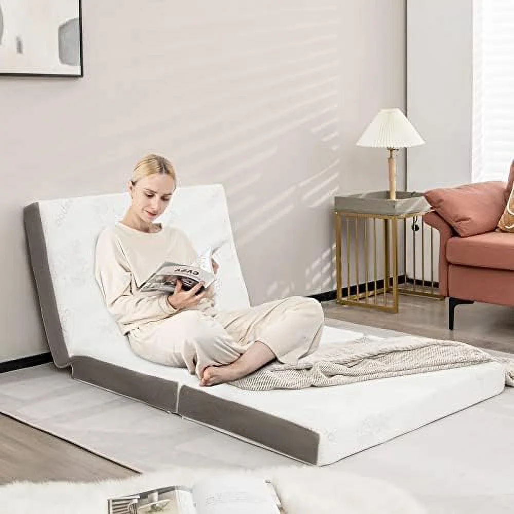 CHYTRE Memory Foam Tri-Fold Mattress  4\u201D Foldable Floor Mattress with  Bag & Removable Cover   Memory Mattress with  Fabric for Guest Room  Living Room  RV  Camp (Twin XL)