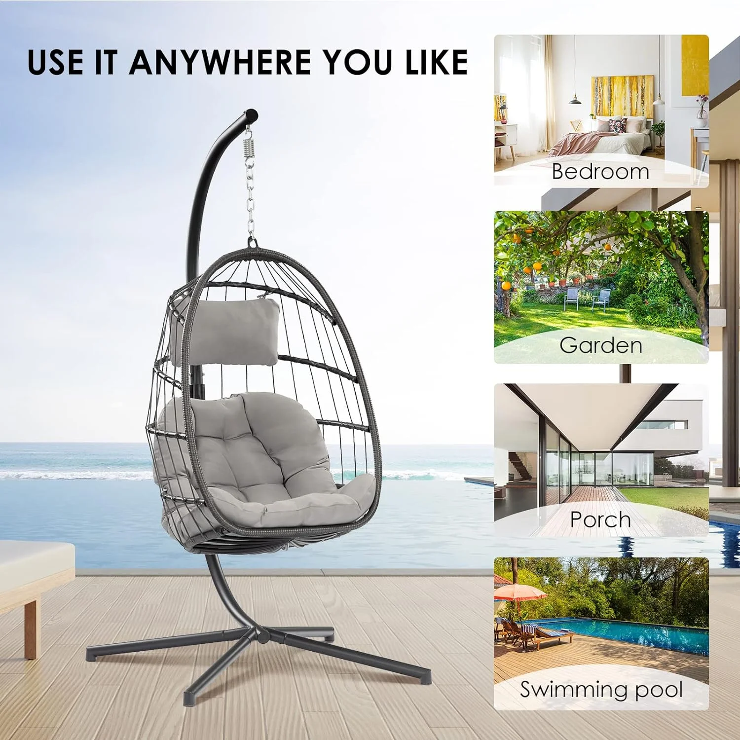 Indoor Outdoor Swing Egg Chair with Stand, Wicker Rattan Hanging Chair,Hanging Swing Chair Basket with Cushion,Hammock Chair for Bedroom Garden,Grey