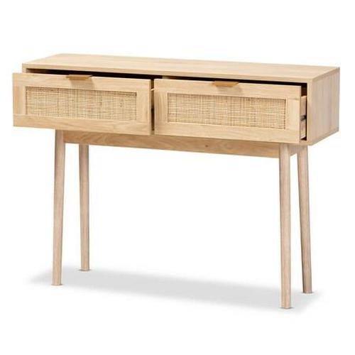 Baird Mid-Century Modern Light Oak Brown Finished Wood and Rattan 2-Drawer Console Table