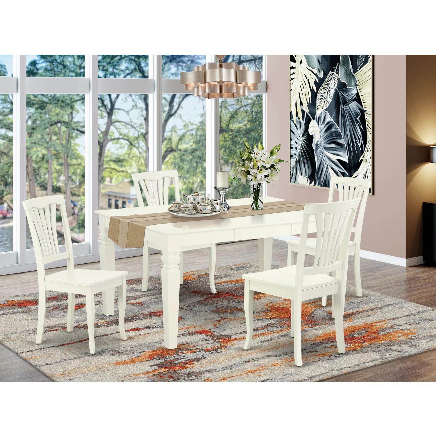 East West Furniture Weston 5-piece Dining Set with Wood Seat in Linen White