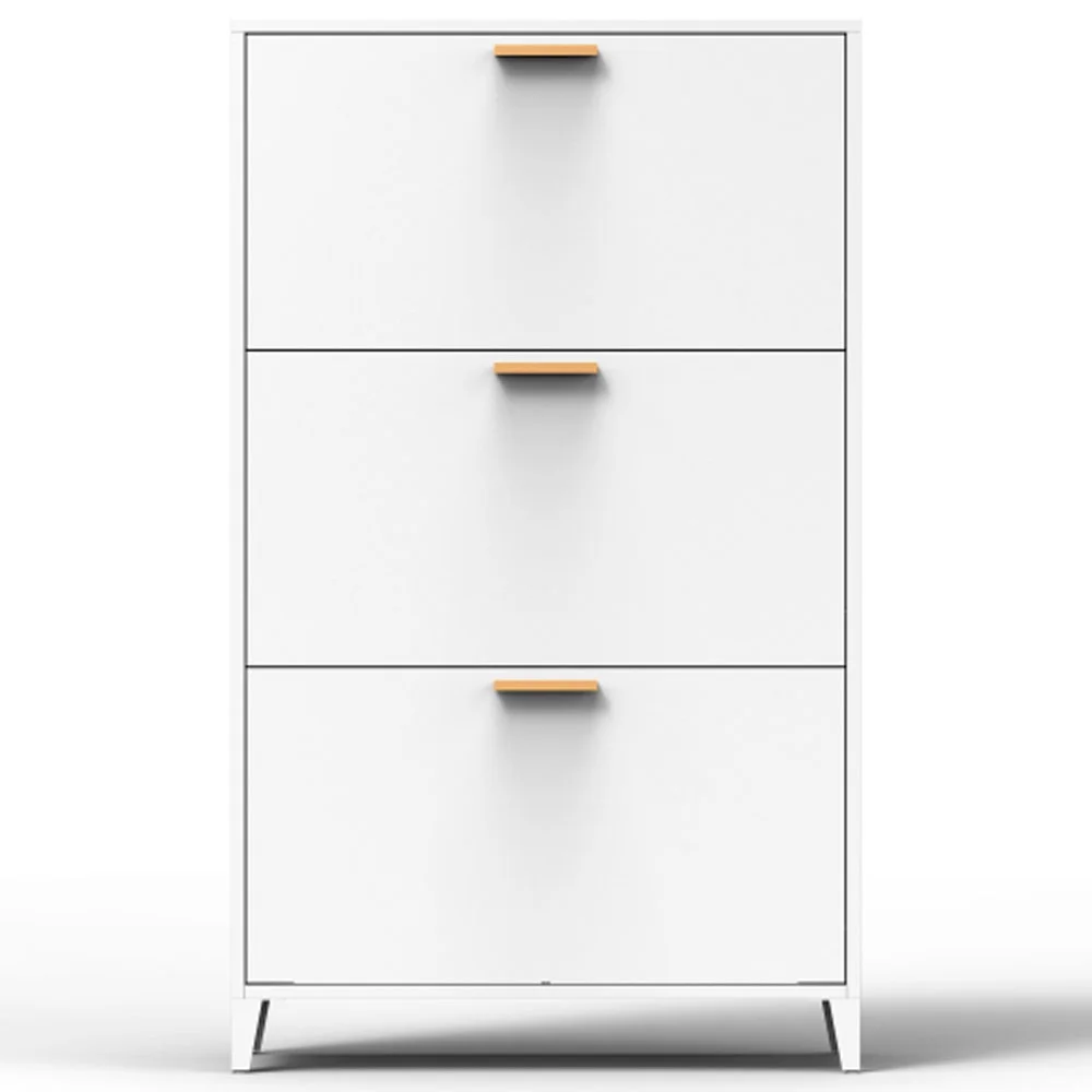 3 Drawer All Steel Shoe Cabinet, Freestanding Shoe Rack Storage Organizer with Flip Door, Modern Tipping Bucket Shoe Cabinet - White
