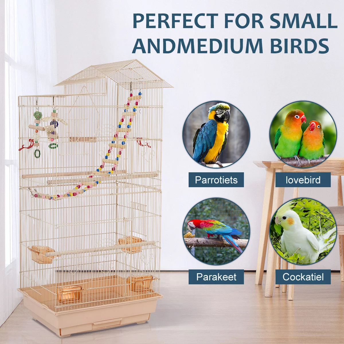 Dkelincs 39 Inch Big Birdcage Study Parakeet Cage Aviary with Accessories Roof Top Flight Parrot Cage with Ladder & Swing for Parakeet, Cockatiels, Parrots, Almond