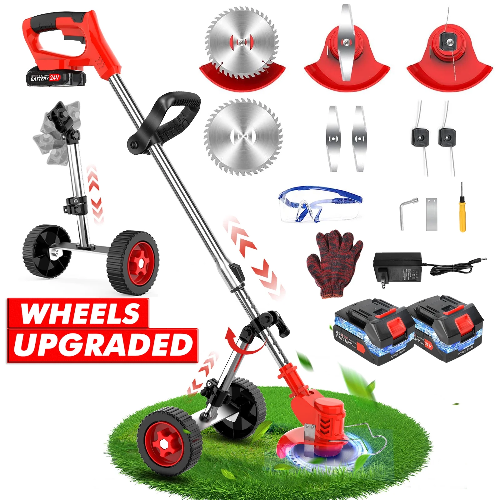 Weed Eaters Cordless with 2024 Upgraded Metal Wheels, Tanbaby 3-IN-1 Battery Powered Grass Trimmer & String Trimmer/Edger Kit for Lawn Garden Pruning/Trimming