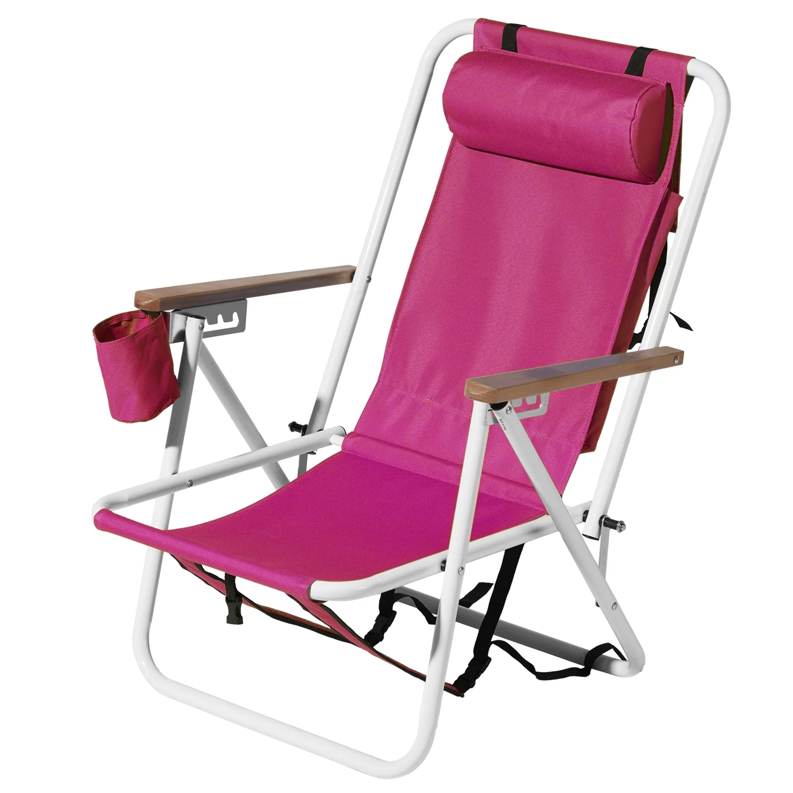 Portable Beach Chair with Cup Holder, Headrest, and Wooden Armrests - Pink, 4-position Foldable Camping Chair ideal for Outdoor Relaxation and Travel