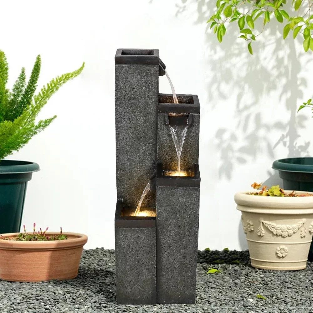 39.3” High Water Fountain with LED Lights - Indoor/Outdoor Modern Floor-Standing Waterfall Fountain for Home and Garden Decor