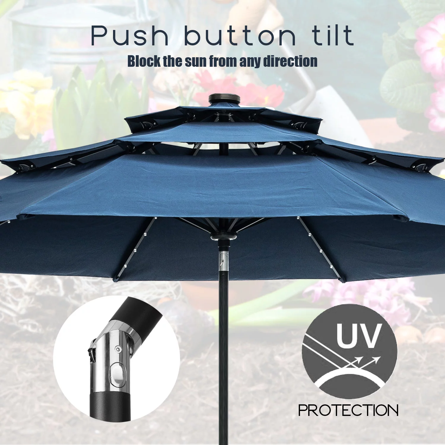 Autlaycil 10Ft 3 Tiers Patio Umbrellas Solar 40 LED Lighted Umbrella with 8 Ribs Patio Table Umbrella, Blue