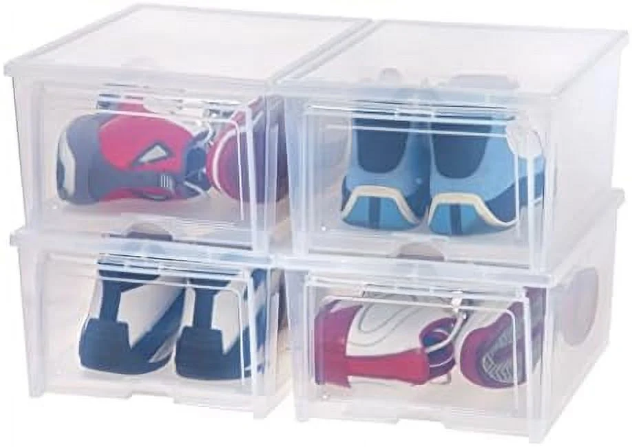 CKGRESG Stackable Shoe Display Box with Flip Down Door  6-Pack  Shoe Organizer Container with Side Display for High-Top Sneakers  Clear