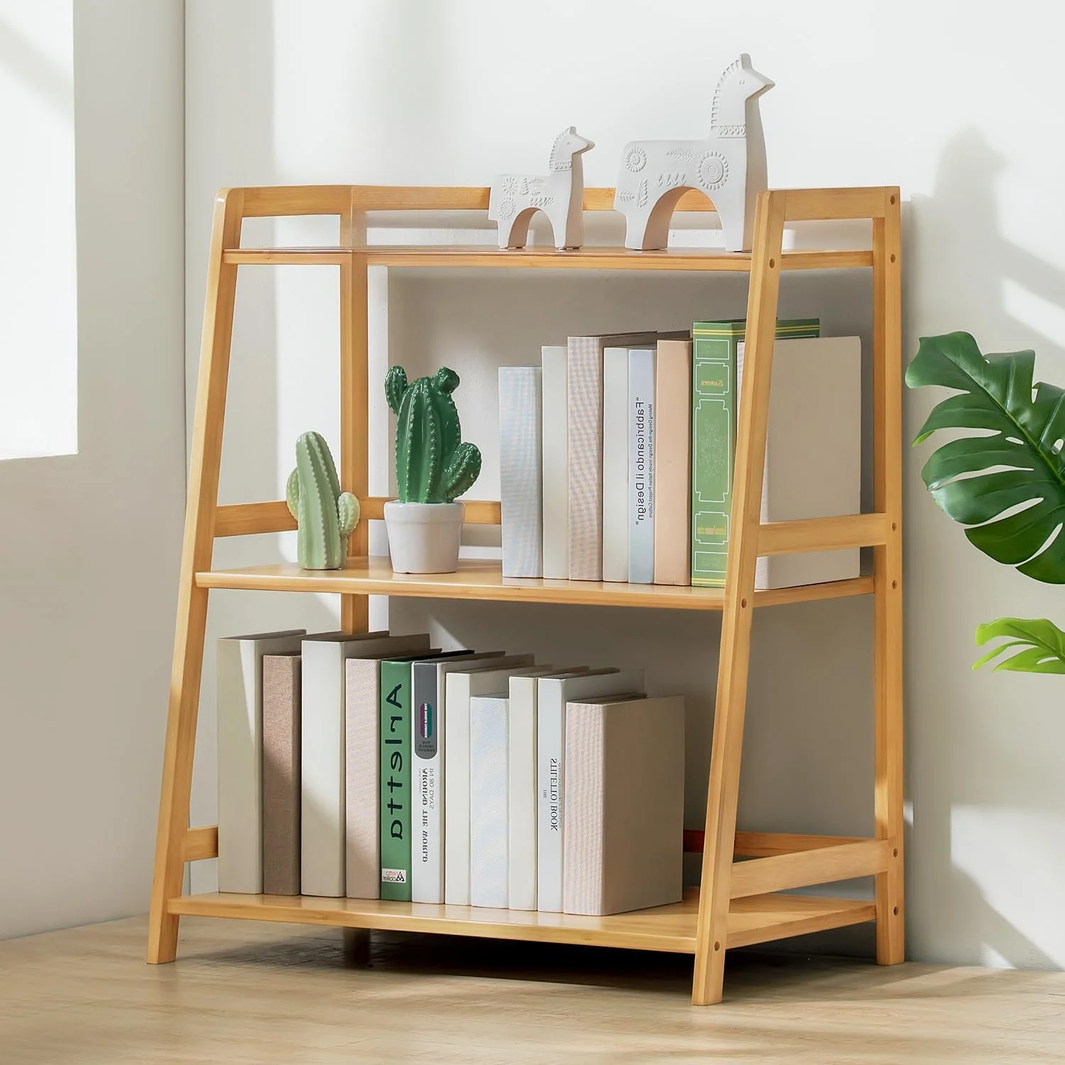 Bamboo Ladder Bookshelf 3-Tier Ladder Shelf Floor standing Display Shelving Units Storage Rack Plant Stand For Home Office Library (Natural, 27.2