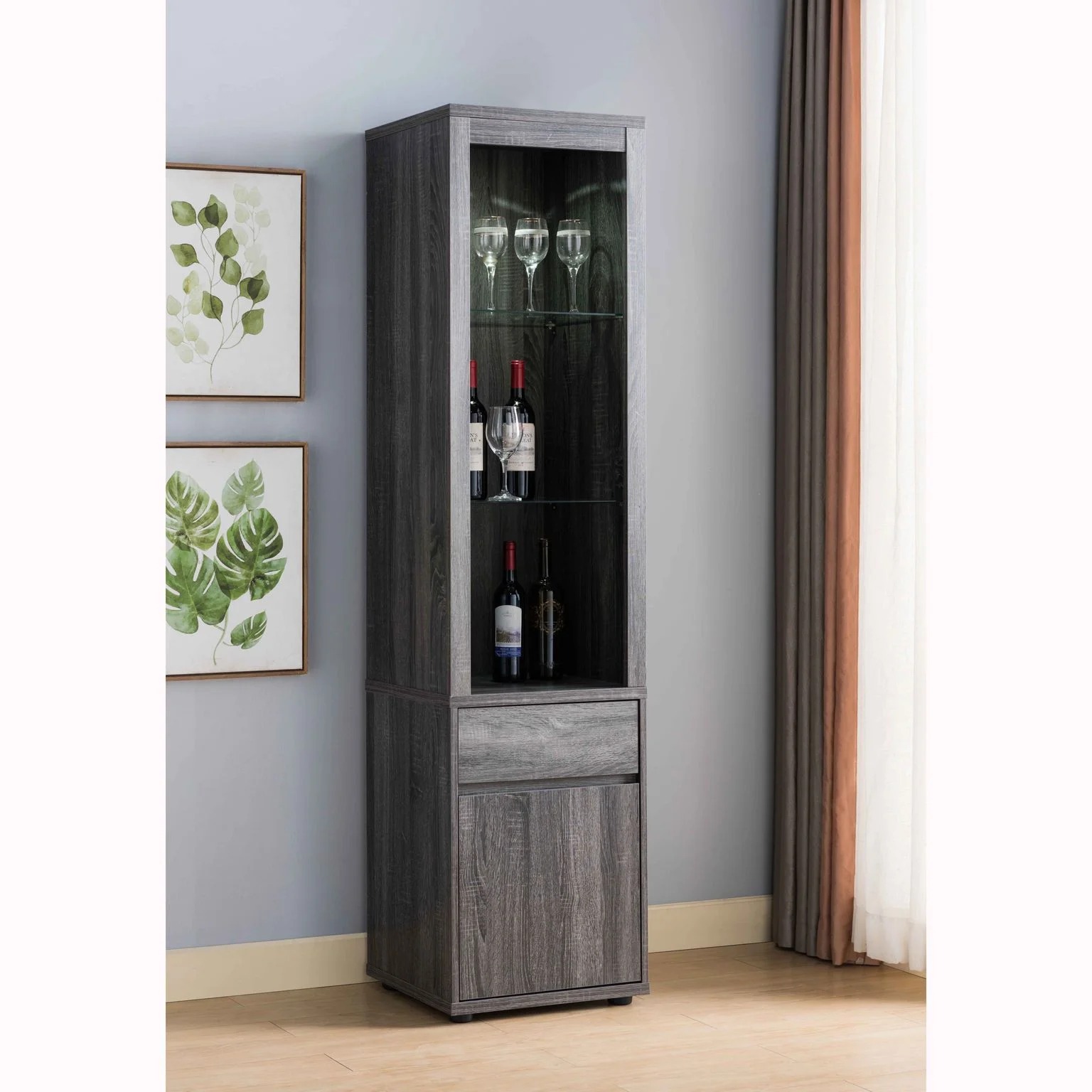 Lighted Curio Display Cabinet with Storage In Distressed Grey