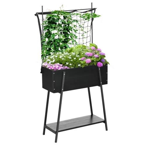 Buumin Outsunny Raised Garden Bed with Trellis & Storage Shelf, Elevated Planter Box with Metal Legs, Bed Liner and Drainage Holes, for Vegetable Vines, Climbing Plants, Flowers, Black