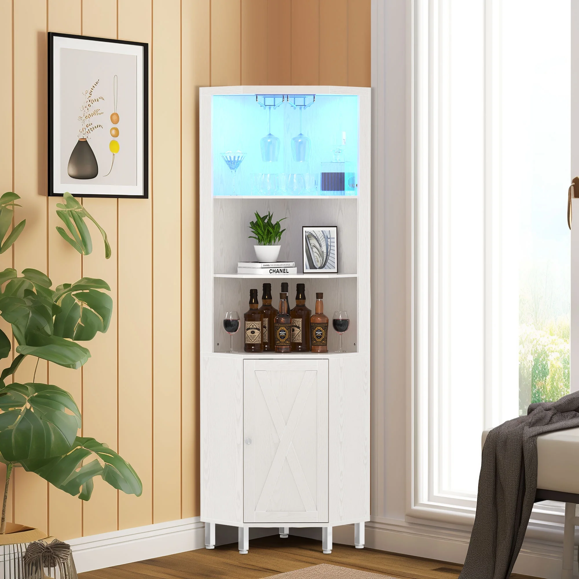 DWVO 5 Tier Corner Bar Cabinet with LED Lights & Glass Holder, Storage Cabinet with Door and Shelves , Corner Shelf with Wine Rack Display Shelves, White