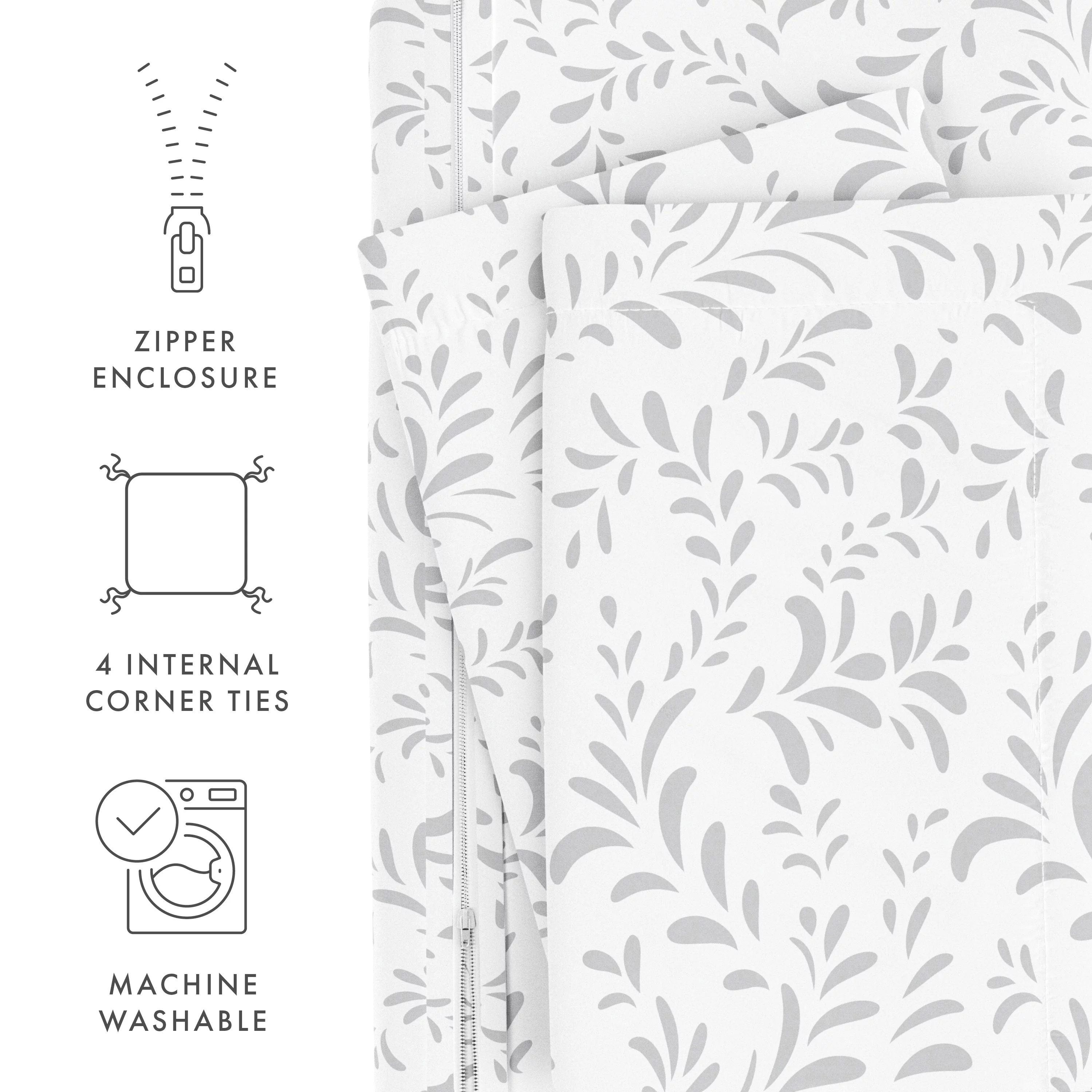 Noble Linens Light Gray Burst of Vines Print 3-Piece Duvet Cover Set, Full/Queen