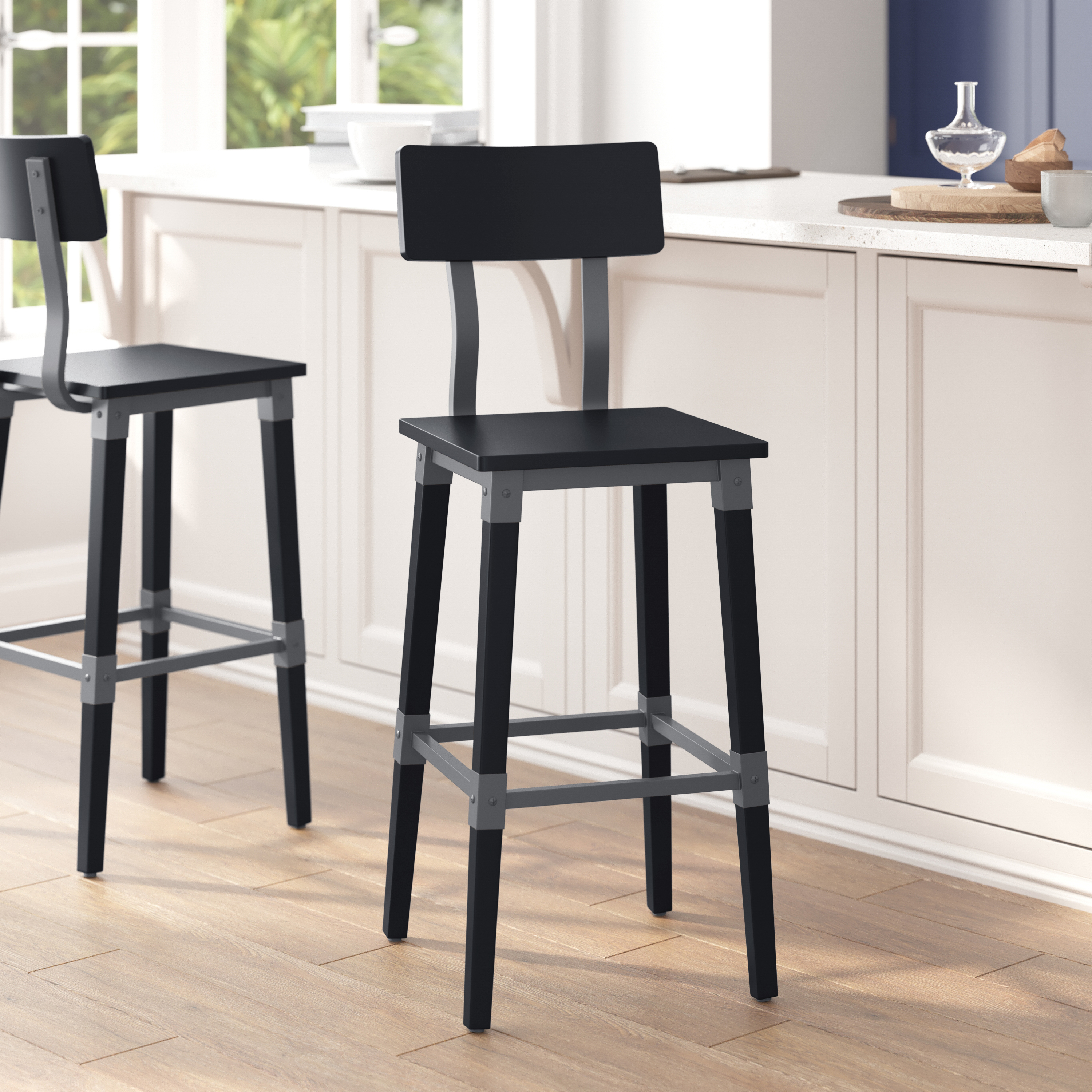 Flash Furniture 2 Pack Commercial Grade Rustic Black Industrial Wood Dining Barstool