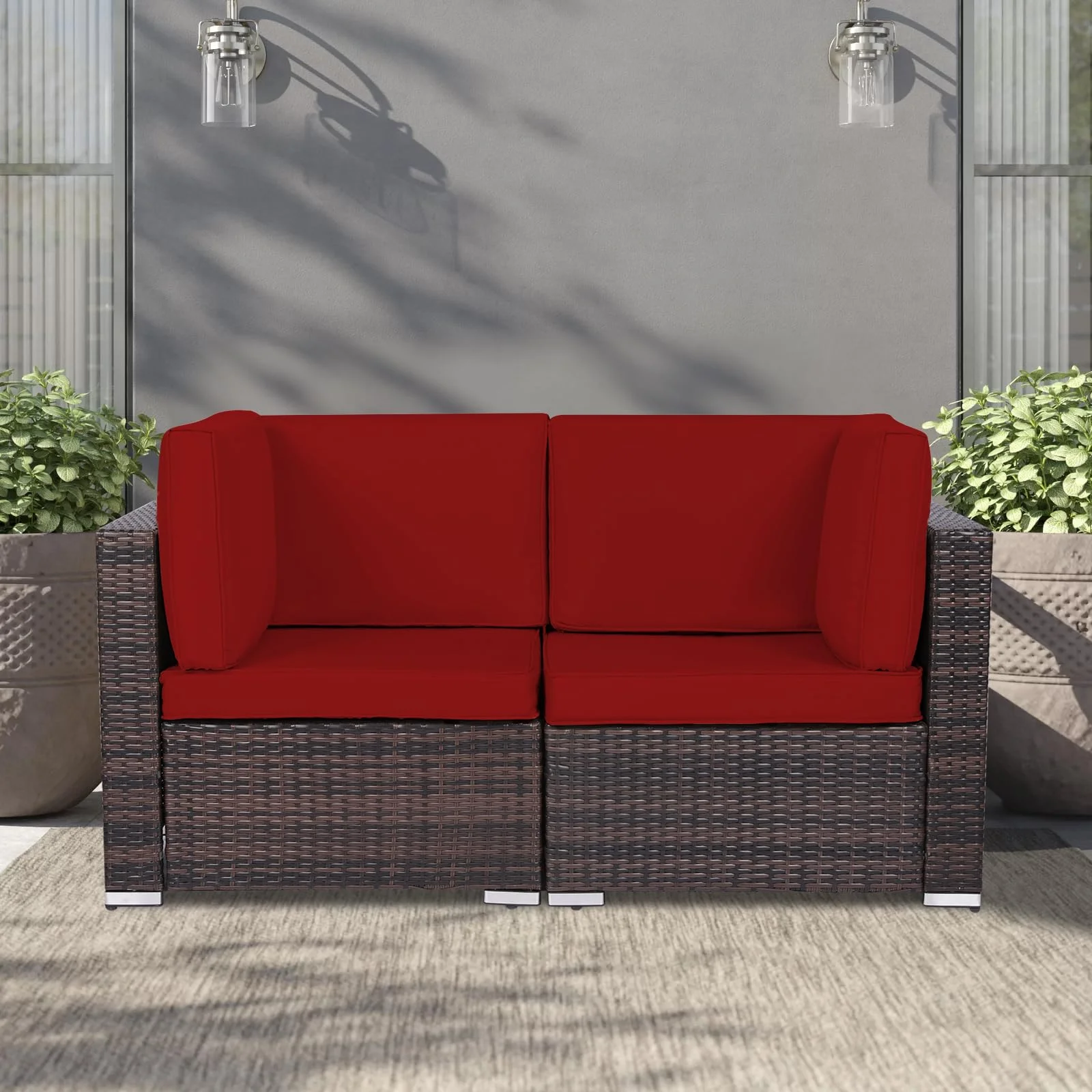 VIVIJASON 2-Piece Outdoor Furniture Add-on Left Corner Chair for Expanding Wicker Sectional Sofa Set with Red Thick Cushions for Garden, Pool, Backyard